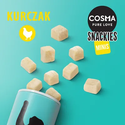 COSMA PURE LOVE SNACKIES MINIS, kurczak. Przysmak w postaci małych kostek wysypujących się z opakowania.