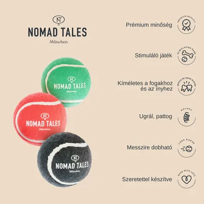 Három Nomad Tales München feliratú teniszlabda (zöld, piros, fekete), mellette: Prémium minőség, Stimuláló játék, Kíméletes a fogakhoz és ínyhez, Ugrál, Messzire dobható, Szeretettel készítve.
