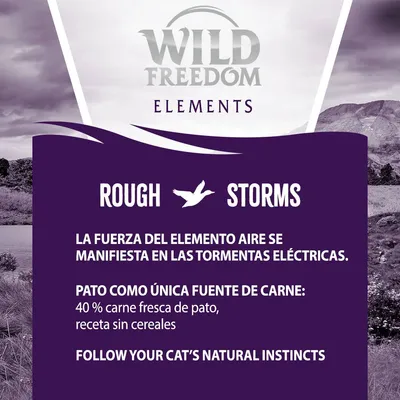 Wild Freedom Elements. Rough Storms. Pato como única fuente de carne: 40 % carne fresca de pato, receta sin cereales. La fuerza del elemento aire se manifiesta en las tormentas eléctricas.
