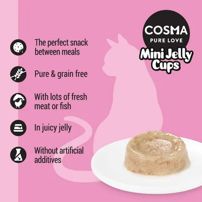 Cosma Mini Jelly Cups features: snack between meals, pure and grain free, contains fresh meat or fish, in juicy jelly, without artificial additives.
