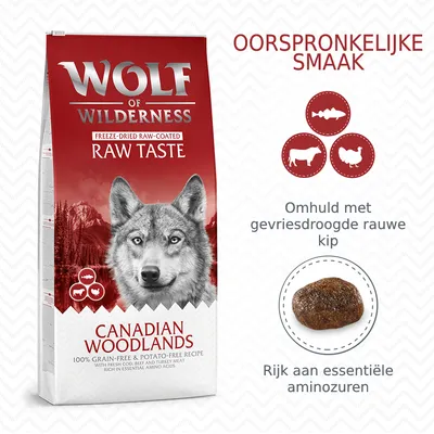 Wolf of Wilderness Canadian Woodlands hondenvoer, freeze-dried raw taste, graanvrij, omhuld met gevriesdroogde rauwe kip, rijk aan essentiële aminozuren. Oorspronkelijke smaak.