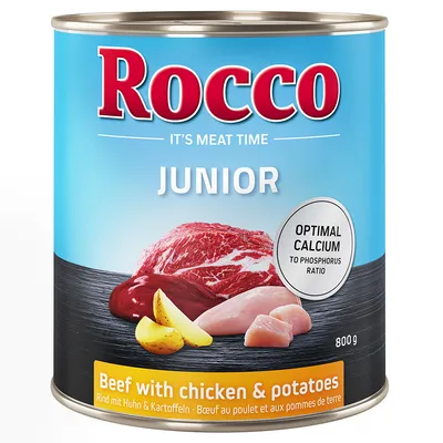 Rocco Junior mokra hrana za pse, govedina s piščancem in krompirjem, optimalno razmerje kalcija in fosforja, 800g konzerva.