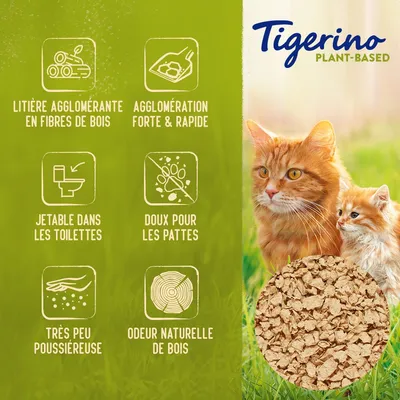 Tigerino Plant-Based. Litière agglomérante en fibres de bois, agglomération forte et rapide, jetable dans les toilettes, doux pour les pattes, très peu poussiéreuse, odeur naturelle de bois.