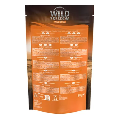 Wild Freedom Wild Bites, Frisches Hühnerfleisch, 80g. Mehrsprachige Produktbeschreibung und Recyclinghinweise auf der Verpackung.