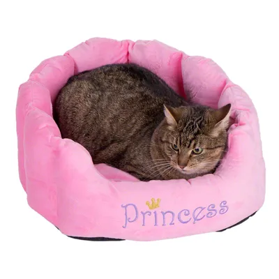 Szürke macska fekszik egy rózsaszín macskaágyban, amelyen 'Princess' felirat és egy kis arany korona látható.