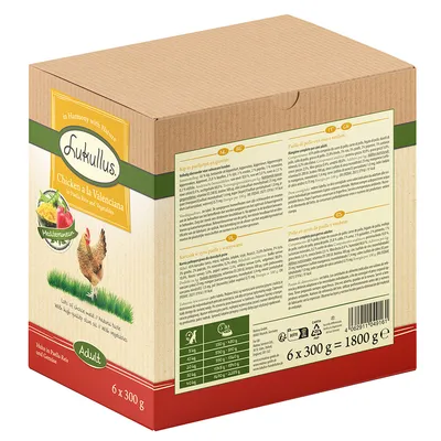 Lukullus Chicken a la Valenciana, felnőtt, 6 x 300 g = 1800 g. Összetevők: csirke paella rizzsel és zöldségekkel. Etetési javaslat kutyasúly szerint: 5-10 kg, napi 350-990 g.