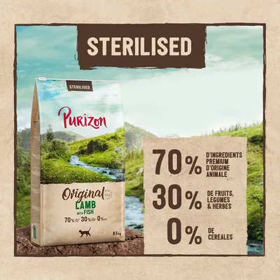 Purizon Original Lamb with Fish pour chats stérilisés, 6,5 kg. 70 % d’ingrédients premium d’origine animale, 30 % de fruits, légumes et herbes, 0 % de céréales. Texte en anglais visible.