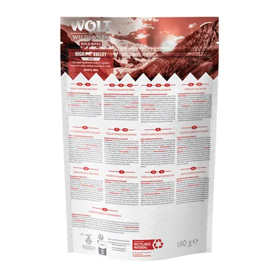 Achterkant verpakking Wolt Wild Bites High Valley Mini, 180 g. Meertalige productinformatie over samenstelling en ingrediënten, recyclebaar materiaal symbool zichtbaar onderaan.