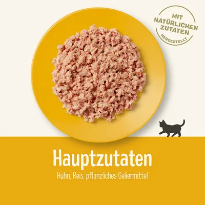 Glavne sestavine: piščanec, riž, rastlinsko želirno sredstvo. Besedilo v nemščini: Hauptzutaten Huhn, Reis, pflanzliches Geliermittel. MIT NATÜRLICHEN ZUTATEN HERGESTELLT.