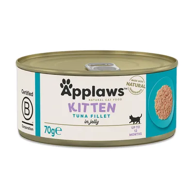 Applaws Kitten Tuna Fillet in jelly, 70 g. Certified B Corporation. Made with natural ingredients. Za mladiče do 12 mesecev. Slika tunine na modrem krožniku.