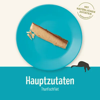 Филе тунца на голубой тарелке. Видна надпись на немецком: Hauptzutaten Thunfischfilet. В правом верхнем углу: Mit natürlichen Zutaten hergestellt.