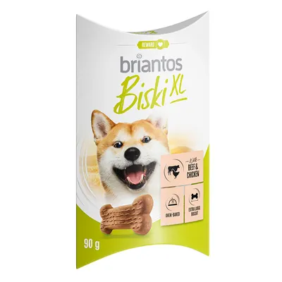 Envase de 90 g de briantos Biski XL. Texto visible: 'Beef & Chicken', 'Oven-baked', 'Extra large biscuit'. Imagen de un perro y una galleta en forma de hueso.