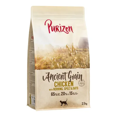 Purizon Ancient Grain Chicken with Herring, Spelt & Oats, 65 % mięsa, 20 % zbóż, 15 % owoców i warzyw, opakowanie 2,5 kg. Widoczny symbol kota.