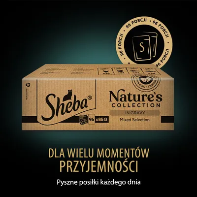 Karton Sheba Nature's Collection In Gravy Mixed Selection, 96 x 85 g. Na opakowaniu: 96 porcji. Tekst: Dla wielu momentów przyjemności. Pyszne posiłki każdego dnia.