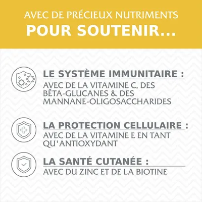 Avec de précieux nutriments pour soutenir le système immunitaire, la protection cellulaire et la santé cutanée. Vitamine C, bêta-glucanes, vitamine E, zinc, biotine mentionnés.