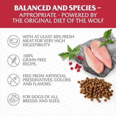 Text v angličtine: Balanced and species-appropriate, powered by the original diet of the wolf. 40 % čerstvého mäsa, bez obilnín, bez umelých prísad, pre všetky plemená a veľkosti psov.