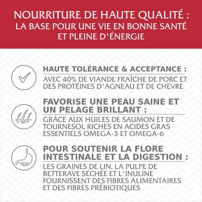 Nourriture de haute qualité : haute tolérance avec 40 % viande fraîche porc, protéines agneau et chèvre, huiles saumon/tournesol oméga-3/6, fibres pour digestion et flore intestinale.