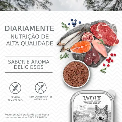 Texto: Diariamente nutrição de alta qualidade. Sabor e aroma deliciosos. Receita sem cereais. Sem conservantes artificiais. Wolf of Wilderness. Imagem de carnes, peixe, bagas e ração.