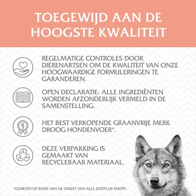 Toegewijd aan de hoogste kwaliteit. Regelmatige controles door dierenartsen, open declaratie ingrediënten, best verkopend graanvrij droog hondenvoer, verpakking van recyclebaar materiaal.