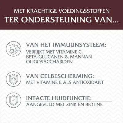 Met krachtige voedingsstoffen ter ondersteuning van het immuunsysteem, celbescherming en huidfunctie. Vitamine C, E, beta-glucanen, mannan-oligosacchariden, zink en biotine vermeld.