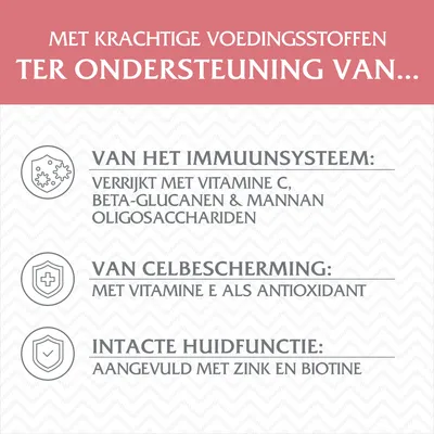 Met krachtige voedingsstoffen ter ondersteuning van het immuunsysteem, celbescherming en huidfunctie. Vitamine C, E, beta-glucanen, mannan-oligosacchariden, zink, biotine.