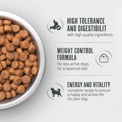 Dry food in bowl. Features: high tolerability and digestibility, weight control formula for less active dogs, energy and vitality for an active dog life.