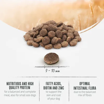Dry food kibbles, size 9-10 mm. Contains high-quality protein, fatty acids, biotin and zinc for skin and coat, plus fibre for optimal gut flora.
