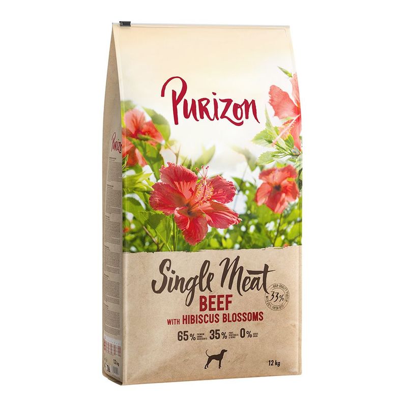 Purizon Single Meat Beef with Hibiscus Blossoms, 65% Fleisch, 35% ausgewählte Zutaten, 0% Getreide, 12 kg Beutel abgebildet.