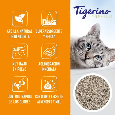 Tigerino Premium. Arcilla natural de bentonita, superabsorbente y eficaz, muy bajo en polvo, aglomeración inmediata, control rápido de los olores, con olor a leche de almendras y miel.