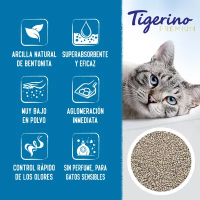 Tigerino Premium. Arcilla natural de bentonita, superabsorbente y eficaz, muy bajo en polvo, aglomeración inmediata, control rápido de los olores, sin perfume para gatos sensibles.
