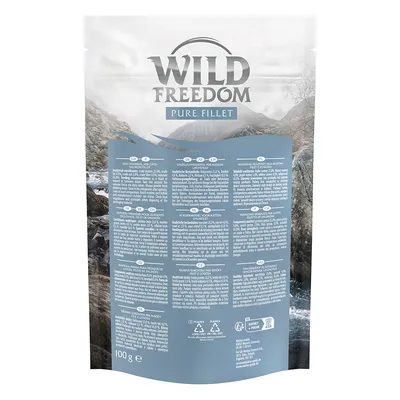 Wild Freedom Pure Fillet, Einzelfuttermittel für Katzen, 100 g. Analytische Bestandteile und Fütterungshinweise auf der Verpackung sichtbar.