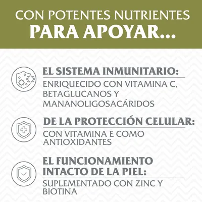 Con potentes nutrientes para apoyar: sistema inmunitario con vitamina C, betaglucanos y mananoligosacáridos; protección celular con vitamina E y antioxidantes; piel con zinc y biotina.