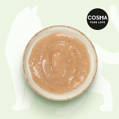 Cosma Pure Love. Kulho, jossa on kermainen koostumus, vaaleanruskea väri vihreällä taustalla ja kissan ääriviiva.