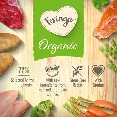 Feringa Organic, 72% selected animal ingredients, with raw ingredients from controlled organic sources, grain-free recipe, with taurine. Tekst w języku angielskim.