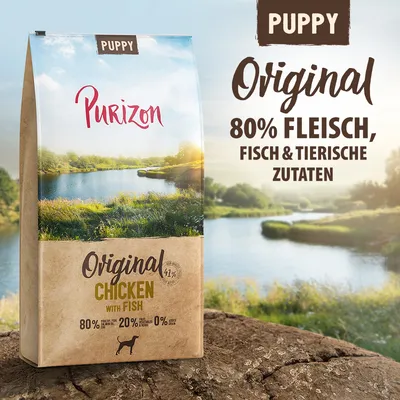 Purizon Puppy Original Chicken with Fish, 80% Fleisch, Fisch & tierische Zutaten, 20% Obst und Gemüse, 0% Getreide. Verpackung mit Naturmotiv.