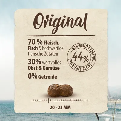 Original Rezept: 70% Fleisch, Fisch und hochwertige tierische Zutaten, 30% Obst und Gemüse, 0% Getreide. High-Quality Protein 44%. Kroketten-Grösse: 20-23 mm.