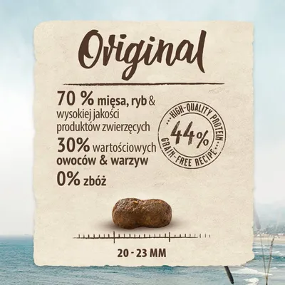 Original. 70% mięsa, ryb i produktów zwierzęcych, 30% owoców i warzyw, 0% zbóż, 44% białka, wielkość granulki 20–23 mm. Widoczna pojedyncza granulka karmy.