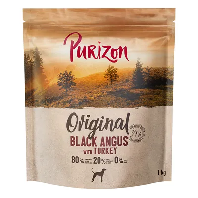 Purizon Original Black Angus with Turkey, 1 kg. 80 % viande (Black Angus, dinde), 20 % fruits/légumes/herbes, 0 % céréales. Illustration de chien sur l’emballage.
