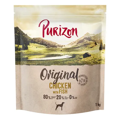 Purizon Original Chicken with Fish, 80 % volaille et poisson, 20 % fruits et légumes, 0 % céréales, sachet de 1 kg pour chien. Texte en anglais sur l’emballage.