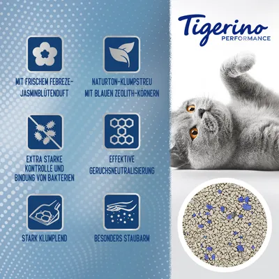 Tigerino Performance Katzenstreu mit Febreze-Jasminblütenduft, blauen Zeolith-Körnern, effektiver Geruchsneutralisierung, starker Klumpenbildung, extra Bakterienkontrolle und besonders staubarm.