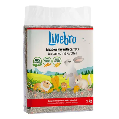 Lillebro Wiesenheu mit Karotten, 100% natürlich, reich an Ballaststoffen, Ergänzungsfuttermittel für Kaninchen und Nager, 1 kg Packung.