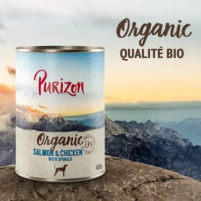 Purizon Organic Salmon & Chicken with Spinach, 400g, qualité bio, 13 % indiqué sur l’emballage. Texte en anglais et français visible sur la boîte et dans l’image.