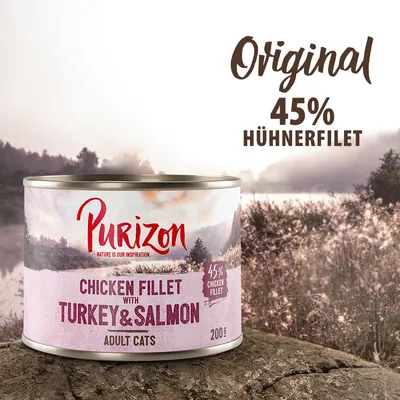 Purizon Chicken Fillet with Turkey & Salmon pour chats adultes, 200 g. Texte visible : Original 45% Hühnerfilet, 45% chicken fillet.