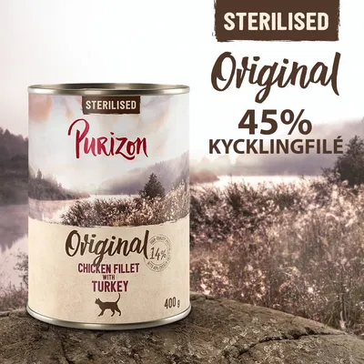 Purizon Original Sterilised, 45 % kycklingfilé, chicken fillet with turkey, 400 g. Text: Sterilised, Original, 14 %. Bild på konservburk med kattikon.