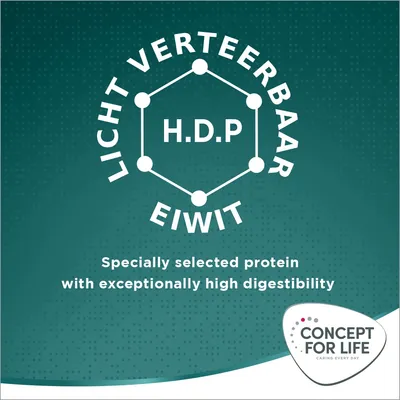 Licht verteerbaar eiwit H.D.P. Specially selected protein with exceptionally high digestibility. Concept for Life Caring Every Day.