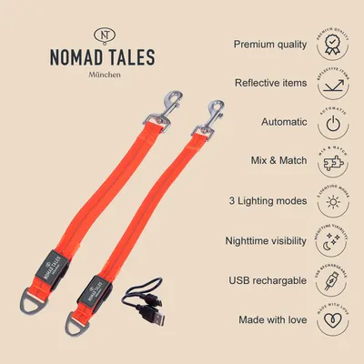 Nomad Tales München. Fényvisszaverő kutyapóráz USB-töltéssel, három világítási mód, automatikus funkció, Mix & Match, éjszakai láthatóság, prémium minőség, szeretettel készült.