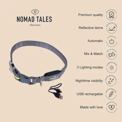 Nomad Tales München Halsband mit USB-Ladekabel. Eigenschaften: Premiumqualität, reflektierende Elemente, automatisch, Mix & Match, 3 Beleuchtungsmodi, Sichtbarkeit bei Nacht, wiederaufladbar.