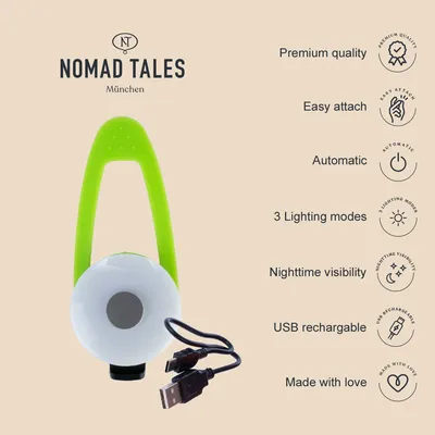 Nomad Tales München. Premium Qualität, einfache Befestigung, automatisch, 3 Beleuchtungsmodi, Sichtbarkeit bei Nacht, USB wiederaufladbar, hergestellt mit Liebe.