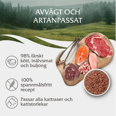 Avvägt och artanpassat. 98 % färskt kött, inälvsmat och buljong. 100 % spannmålsfritt recept. Passar alla kattraser och kattstorlekar.