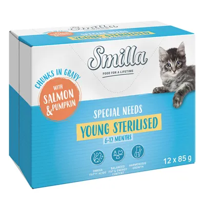 Smilla Special Needs Young Sterilised храна за котки, 6-12 месеца, със сьомга и тиква в сос. Омега мастни киселини, балансирано съдържание на мазнини и енергия, хармоничен растеж. Опаковка: 12 x 85 г.